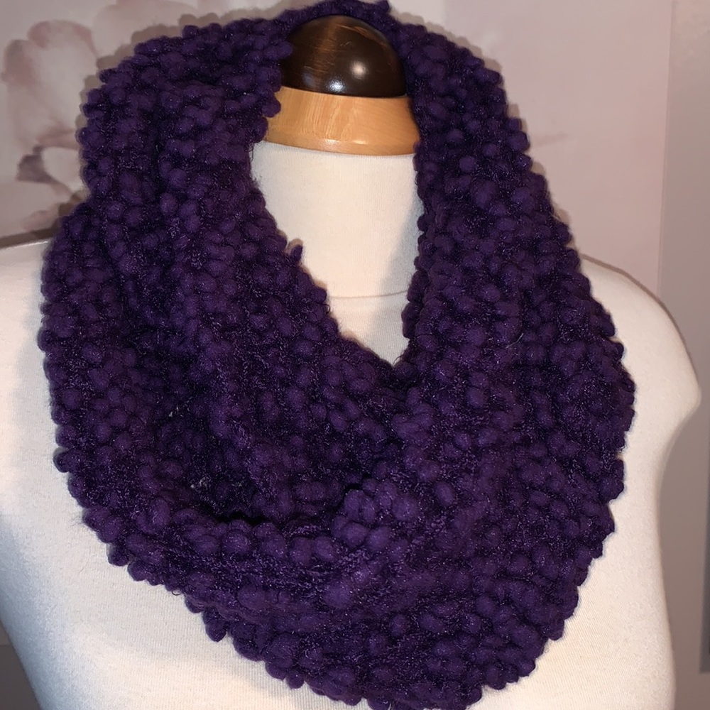 Purple infinity scarf in a popcorn style knit